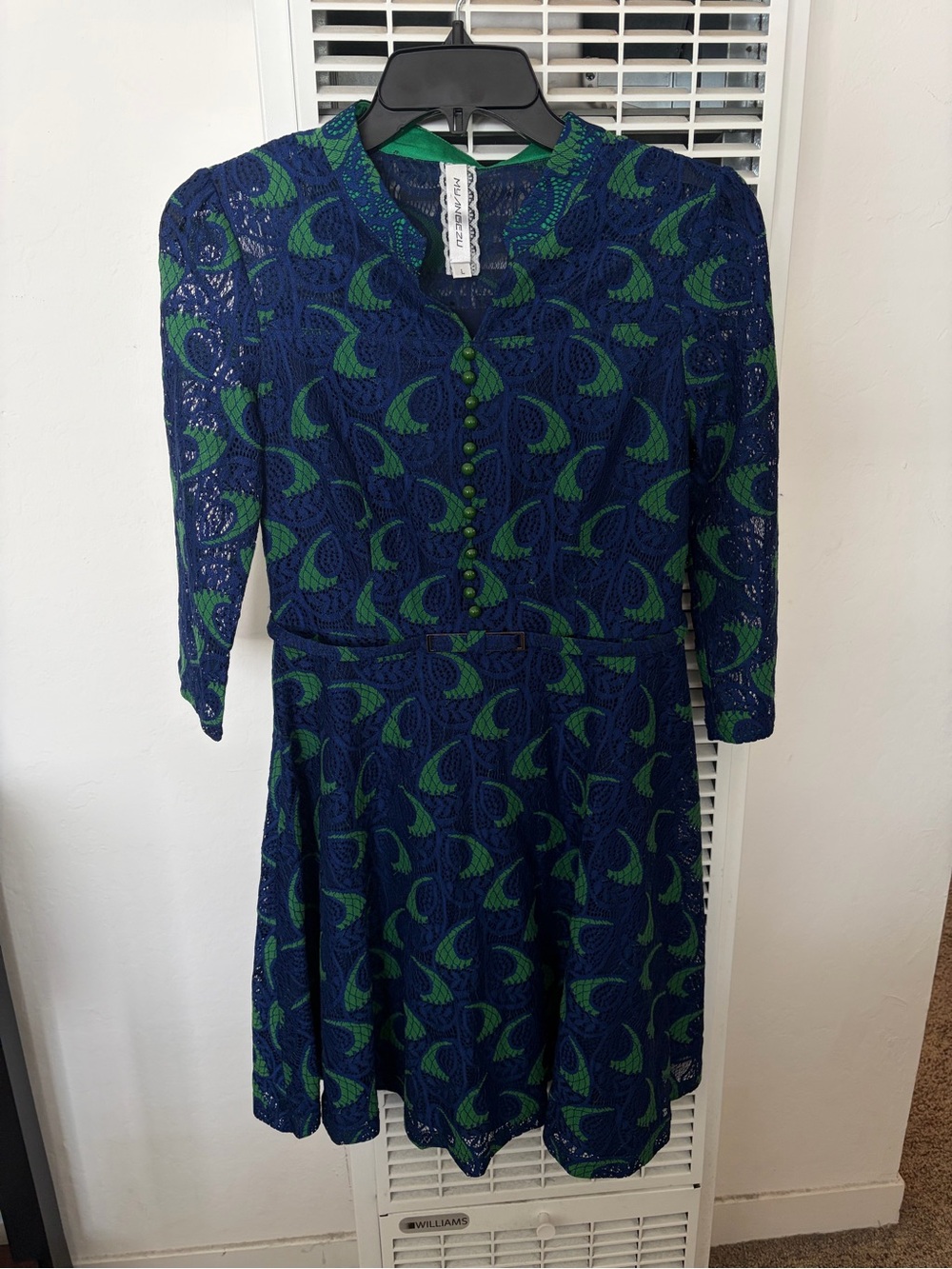 Vintage Green and Blue Lace Cheongsam Dress - Size L